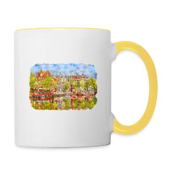 Amsterdam Netherlands Watercolor Sketch Drawing - Contrasting Mug - white/yellow - Right
