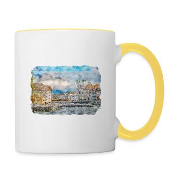 Luzern Schweiz Aquarellskizze gezeichnet Illust - Tasse zweifarbig - Weiß/Gelb - Rechts