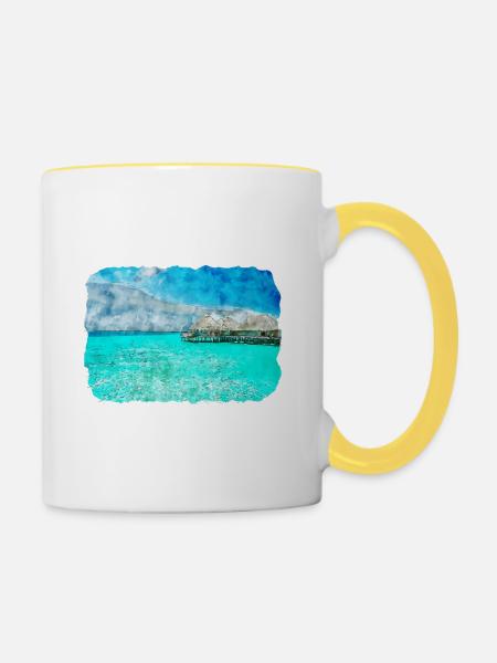 Malediven Aquarellskizze Handgezeichnete Illustration - Tasse zweifarbig - Weiß/Gelb
