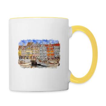 Copenhague, Danemark, Croquis à l’aquarelle, illustration - Mug contrasté - blanc/jaune - Droite
