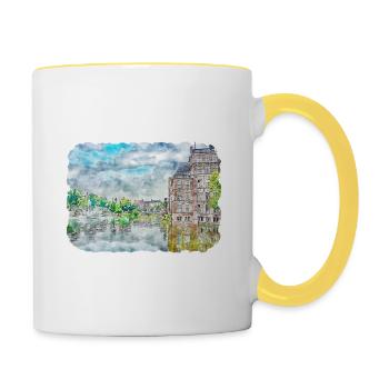 Binnenhof Niederlande Aquarellskizze Zeichnung - Tasse zweifarbig - Weiß/Gelb - Rechts