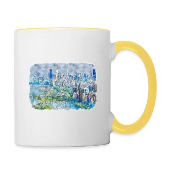 Chicago USA Aquarell Skizze gezeichnete Illustration - Tasse zweifarbig - Weiß/Gelb - Rechts