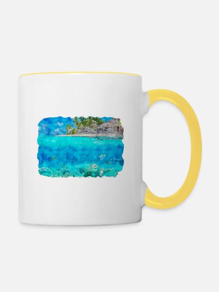 Malediven Aquarellskizze Handgezeichnete Illustration - Tasse zweifarbig - Weiß/Gelb