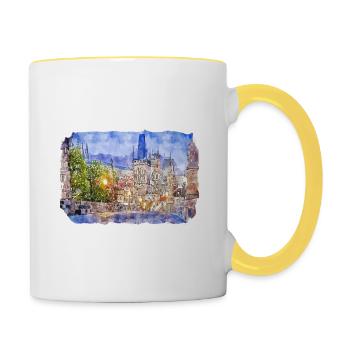 Prag Tschechien Aquarell Skizze Zeichnung - Tasse zweifarbig - Weiß/Gelb - Rechts