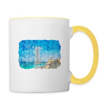 Dubaï Émirats Arabes Unis Croquis Aquarelle Peinture Dessinée À La Main - Mug contrasté - blanc/jaune - Droite