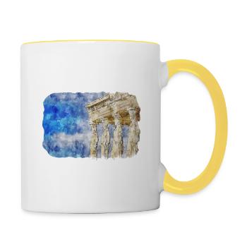 Athènes Grèce Aquarelle Esquisse Dessinée Peinture - Mug contrasté - blanc/jaune - Droite