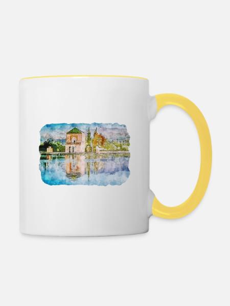 Marrakech Maroc Aquarelle Esquisse Dessinée Paintin - Mug contrasté - blanc/jaune