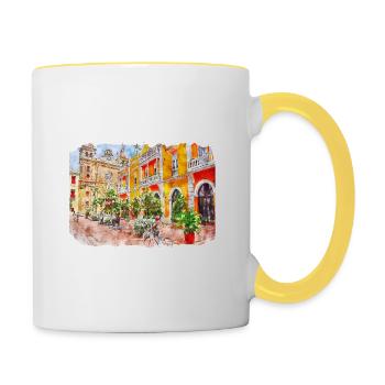 Cartagena Colombie croquis aquarelle dessiné illustr - Mug contrasté - blanc/jaune - Droite