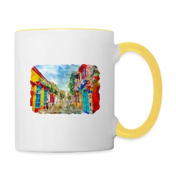 Cartagena Kolumbien Aquarell Skizze Gezeichnet Illustr - Tasse zweifarbig - Weiß/Gelb - Rechts