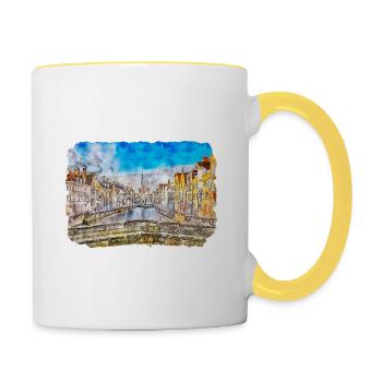 Belgien Wahrzeichen Aquarell Skizze Farbe Zeichnung - Tasse zweifarbig - Weiß/Gelb - Rechts