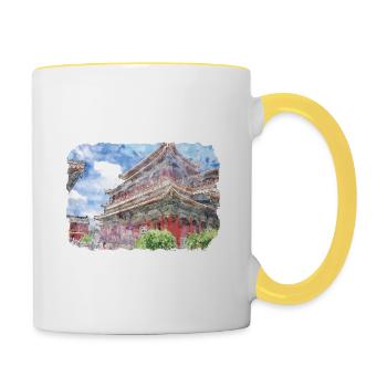 China-Aquarell-Skizzen-handgezeichnete Illustration - Tasse zweifarbig - Weiß/Gelb - Rechts