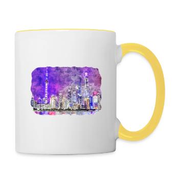 Shanghai China Aquarellskizze gezeichnete Zeichnung - Tasse zweifarbig - Weiß/Gelb - Rechts