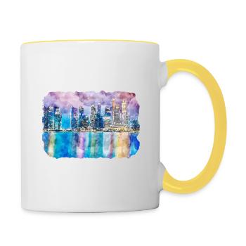 Singapour aquarelle croquis dessinés à la main peinture - Mug contrasté - blanc/jaune - Droite