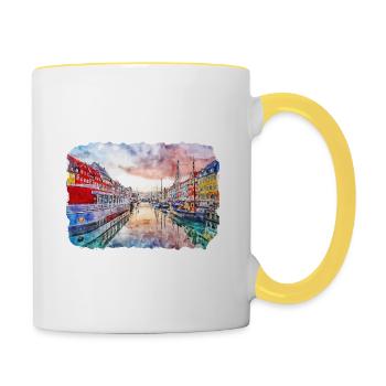 Copenhague Danemark Aquarelle Esquisse Dessinée Paintin - Mug contrasté - blanc/jaune - Droite