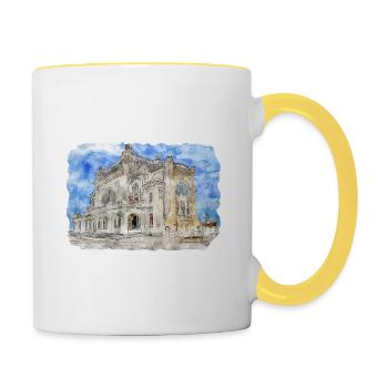 Roumanie Landmark Aquarelle Esquisse Dessin de peinture - Mug contrasté - blanc/jaune - Droite