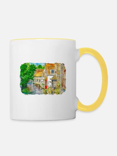 Belgique Repère Aquarelle Esquisse Dessin de Peinture - Mug contrasté - blanc/jaune
