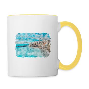 Esquisse d’aquarelle de la côte européenne Dessinée Illustratio - Mug contrasté - blanc/jaune - Droite