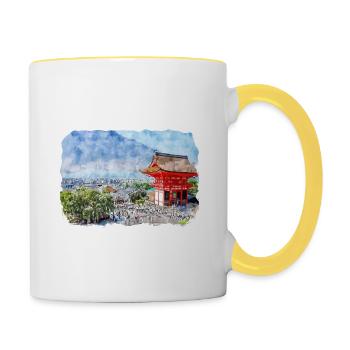 Kyoto Japan Aquarell Skizze gezeichnete Illustration - Tasse zweifarbig - Weiß/Gelb - Rechts