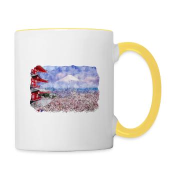 Japan Aquarellskizze Handgezeichnete Illustration - Tasse zweifarbig - Weiß/Gelb - Rechts
