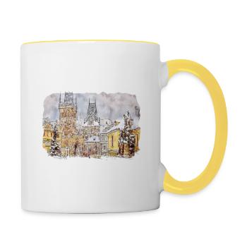 Prag Tschechien Aquarell Skizze Zeichnung - Tasse zweifarbig - Weiß/Gelb - Rechts