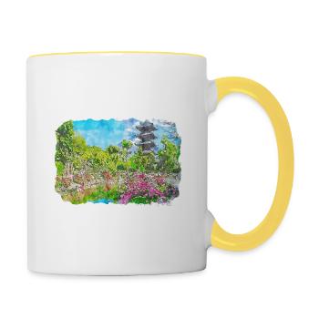 Kyoto Japan Aquarell Skizze gezeichnete Illustration - Tasse zweifarbig - Weiß/Gelb - Rechts