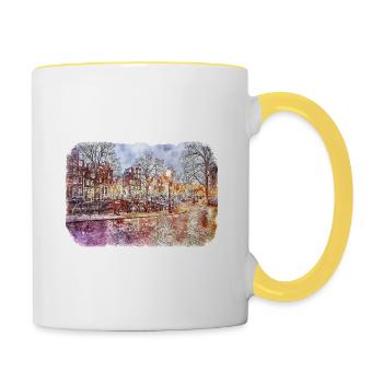 Amsterdam Pays-Bas Aquarelle Dessin - Mug contrasté - blanc/jaune - Droite