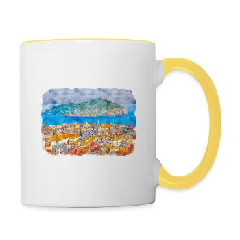 Dubrovnik Kroatien Aquarell Skizze Illustration - Tasse zweifarbig - Weiß/Gelb - Rechts