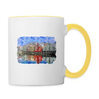 Esquisse à l’aquarelle de Norvège Illustration dessinée à la main - Mug contrasté - blanc/jaune - Droite