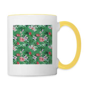 Grünes Blumenmuster - Tasse zweifarbig - Weiß/Gelb - Rechts