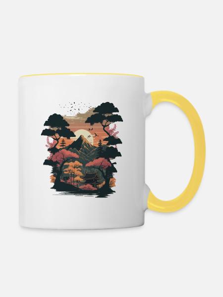 Landschaft Holzschnitt - Tasse zweifarbig - Weiß/Gelb