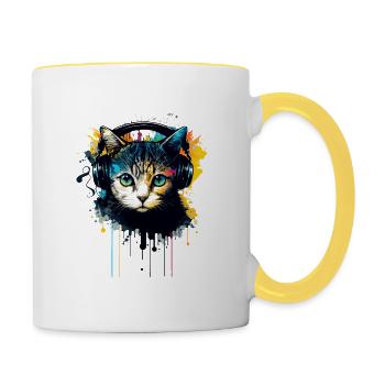Katze und Musik - Tasse zweifarbig - Weiß/Gelb - Rechts