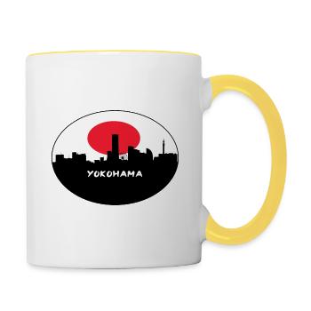 Yokohama-Japan-Flaggen-Skyline-Schattenbild-Reise - Tasse zweifarbig - Weiß/Gelb - Rechts