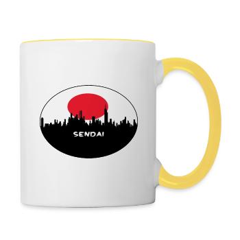 Sendai-Japan-Flaggen-Skyline-Schattenbild-Reise - Tasse zweifarbig - Weiß/Gelb - Rechts