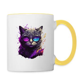 Lila Neonkatze - Tasse zweifarbig - Weiß/Gelb - Rechts