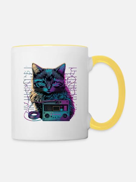 Katze mit Kassette - Tasse zweifarbig - Weiß/Gelb