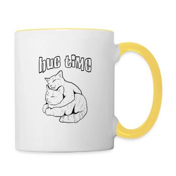 Katzen " HUG TIME " Kuschelzeit - Tasse zweifarbig - Weiß/Gelb - Rechts