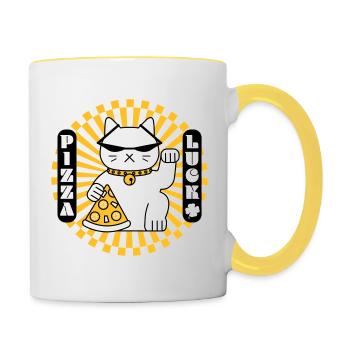 Le chat chanceux vous souhaite une bonne pizza - Mug contrasté - blanc/jaune - Droite