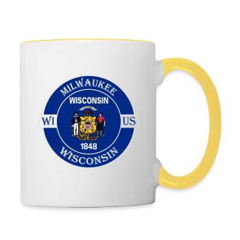 Milwaukee Wisconsin Flagge USA Reise Souvenir Abzeichen - Tasse zweifarbig - Weiß/Gelb - Rechts