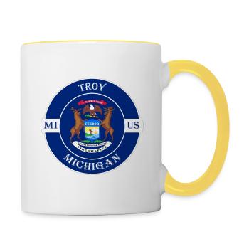 Troy Michigan Flagge USA Reise Souvenir Abzeichen - Tasse zweifarbig - Weiß/Gelb - Rechts