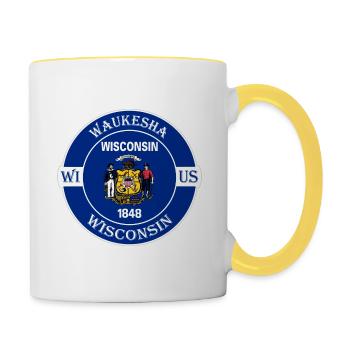 Waukesha Wisconsin Flagge USA Reise Souvenir Abzeichen - Tasse zweifarbig - Weiß/Gelb - Rechts