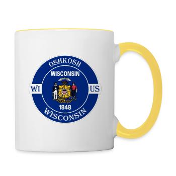 Oshkosh Wisconsin Flagge USA Reise Souvenir Abzeichen - Tasse zweifarbig - Weiß/Gelb - Rechts