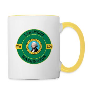 Lakewood Washington Flagge USA Reise Souvenir Abzeichen - Tasse zweifarbig - Weiß/Gelb - Rechts