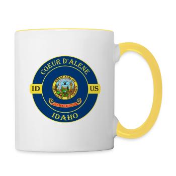 Coeur D'Alene Idaho Flagge USA Reise Souvenir Abzeichen - Tasse zweifarbig - Weiß/Gelb - Rechts