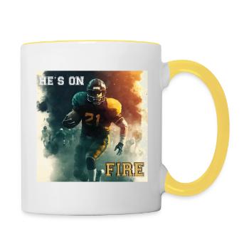 He's On Fire, Schnelligkeit, American Football - Tasse zweifarbig - Weiß/Gelb - Rechts