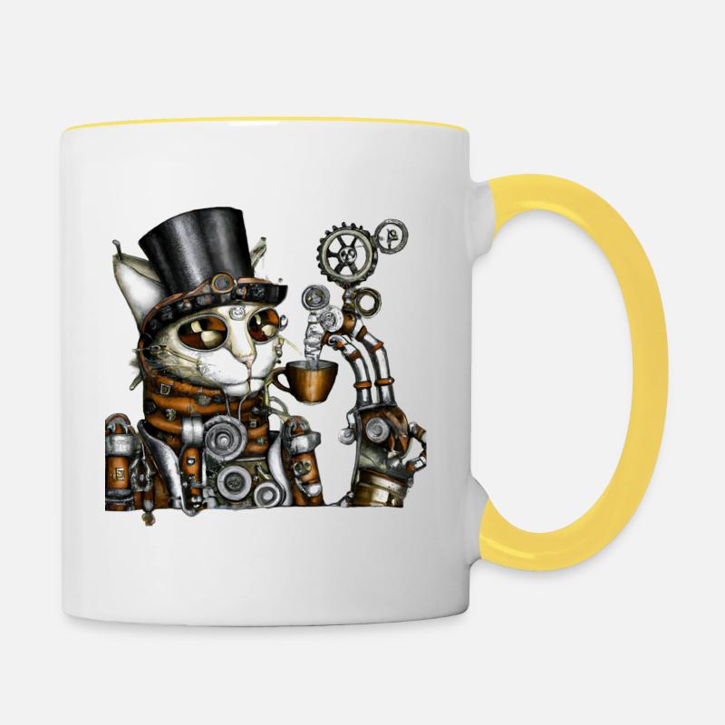 Chat Steampunk - Mug contrasté - blanc/jaune