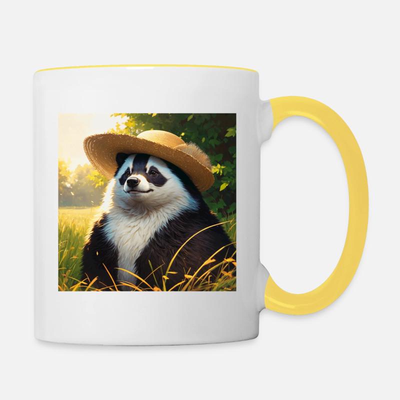 Cute Badger Artwork with Straw Hat Badgers Meadow - Contrasting Mug - white/yellow