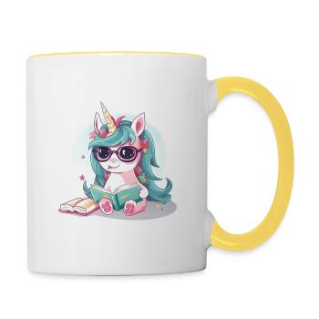 Unicorn reading a book - Contrasting Mug - white/yellow - Right