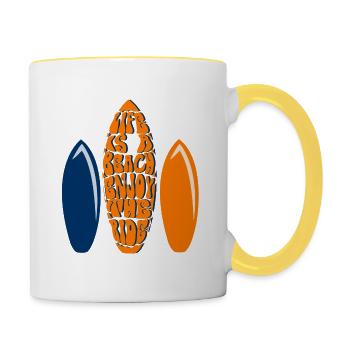 Life is a beach enjoy the ride orange et bleu roi - Mug contrasté - blanc/jaune - Droite