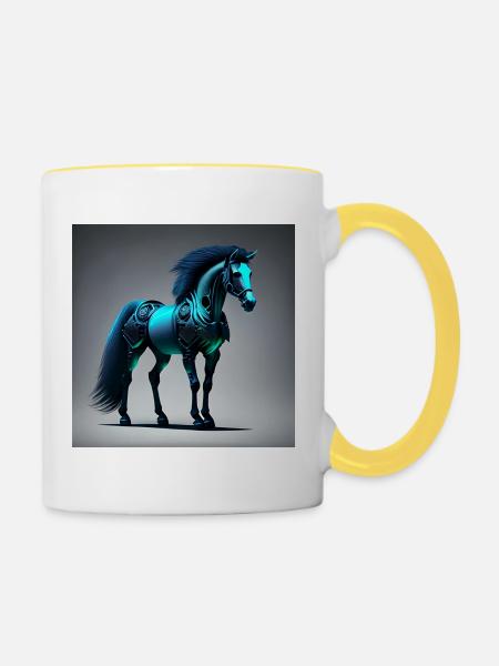 Blaues Cyborg-Pferd - Tasse zweifarbig - Weiß/Gelb