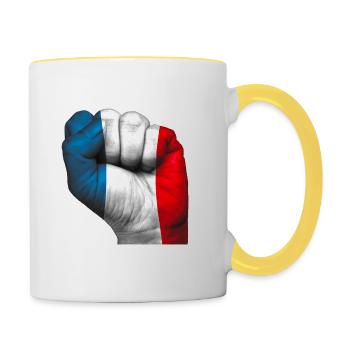 Französische Flagge auf geschlossener Faust gemalt. - Tasse zweifarbig - Weiß/Gelb - Rechts